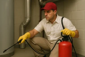 Exterminator in protective gloves using a pesticide sprayer in a residential utility room near ducts and a water heater.