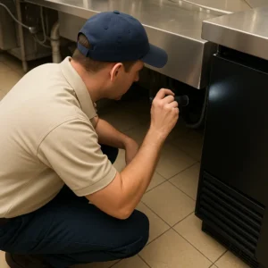 Professional pest control technician inspecting under a commercial kitchen counter with a flashlight.