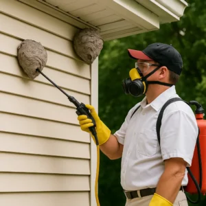 Pest control technician in protective gear removing a large wasp nest from a house exterior using a sprayer.