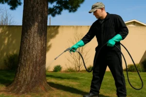 Professional pest control technician spraying pesticide at the base of a tree in a suburban yard with a hose and protective gear.